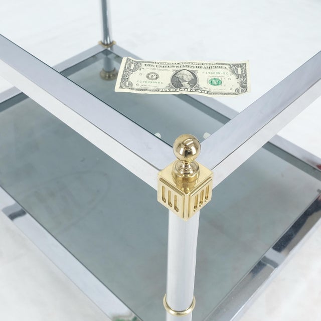 Pair of Rectangle Chrome & Brass Smoked Glass Two Tier End Side Tables MINT! For Sale - Image 9 of 9