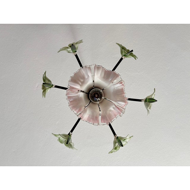 Vintage Murano Style Chandelier – Rare Pink & Green Art Glass For Sale - Image 9 of 13