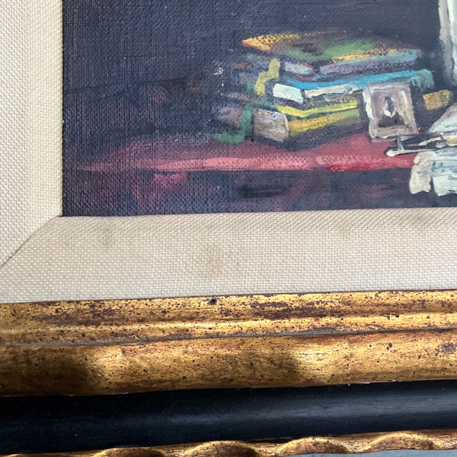 1950’s Original Still Life Painting With Books & Violin Signed Original Fancy Frame For Sale - Image 4 of 6