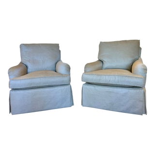 Baker Transitional Ivory and Gray Woven Skirted Club Chairs Pair For Sale