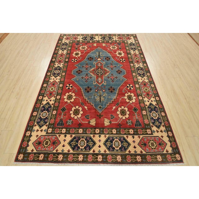 Farmhouse Kazak Rug 6’3” X 9′ Red Wool Tribal Hand-Knotted Oriental Carpet For Sale - Image 3 of 14