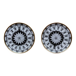 Late 20th Century Rosenthal Fornasetti Palladiana Porcelain Coasters / Dishes With Gold Trim – Set of 2, Boxed For Sale