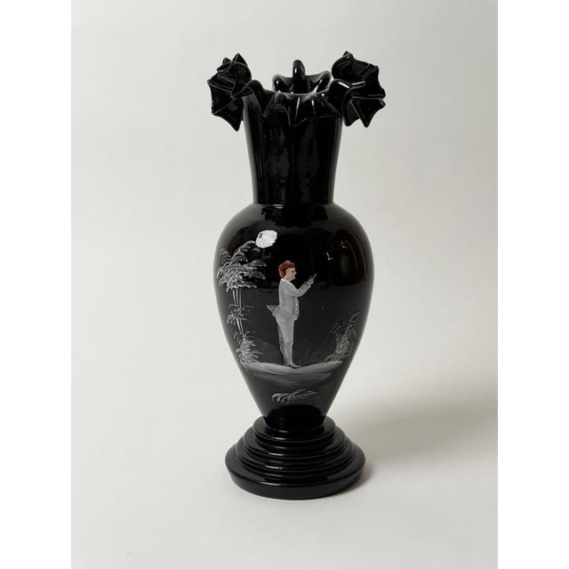 Antique Bohemian Deep Ruby Glass Vase with Romantic White Enamel Painting, 1900 For Sale - Image 14 of 18