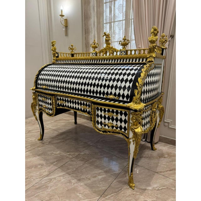 Rococo Unique Louis XV Style Harlequin Roll-Top Secretary Gilded French Baroque Writing Desk For Sale - Image 3 of 9