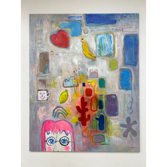 A playful and imaginative original oil painting on canvas filled with bold color graphic shapes and expressive character....