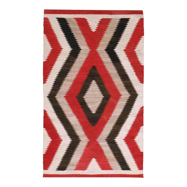 1930s Red Zig Zag Tribal Antique American Navajo Rug 3' 2" X 5' 2" Flatweave Wool Carpet For Sale