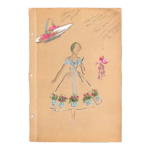 Lanvin Paris With Lady Modelling Floral Bouquet Dress Artwork C1950s
