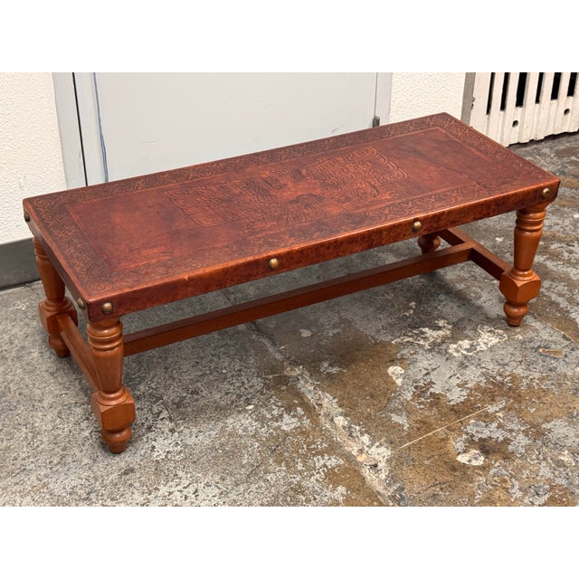 Traditional Chavín Culture Peruvian Tooled Leather Table Bench For Sale - Image 3 of 12