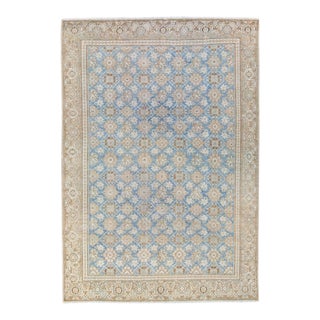 Antique Tabriz Persian Blue Handmade Floral Pattern Wool Rug For Sale