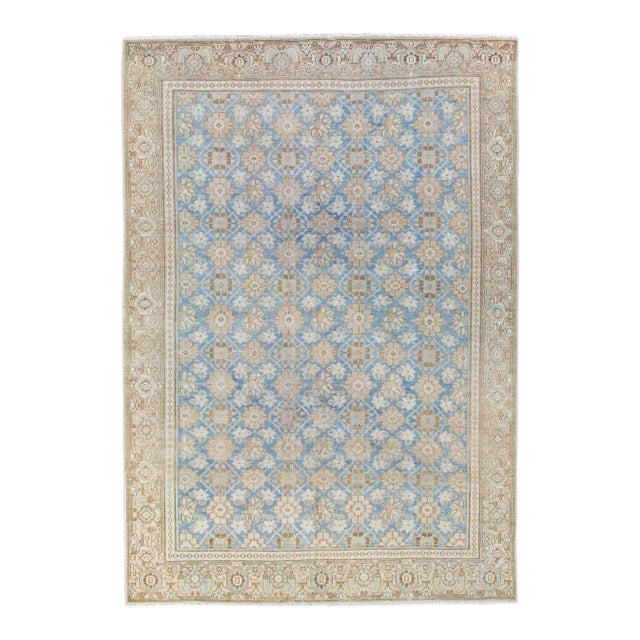 Antique Tabriz Persian Blue Handmade Floral Pattern Wool Rug For Sale