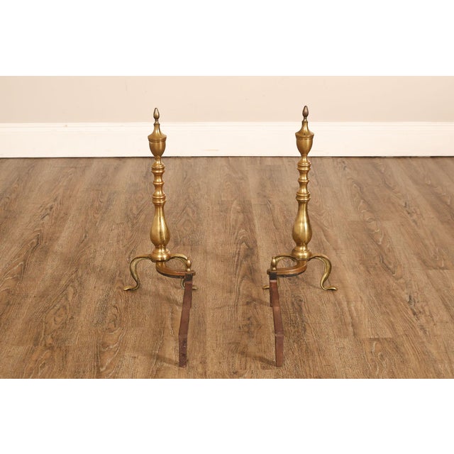 Puritan Federal Style Pair of Brass Andirons For Sale - Image 9 of 18