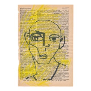 Contemporary Portrait Ink Drawing on Vintage Paper For Sale