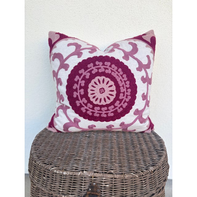 Boho Chic Canvello Style Burgundy and Pink Embroidered Medallion Pillow Cover With Tassel For Sale - Image 3 of 8