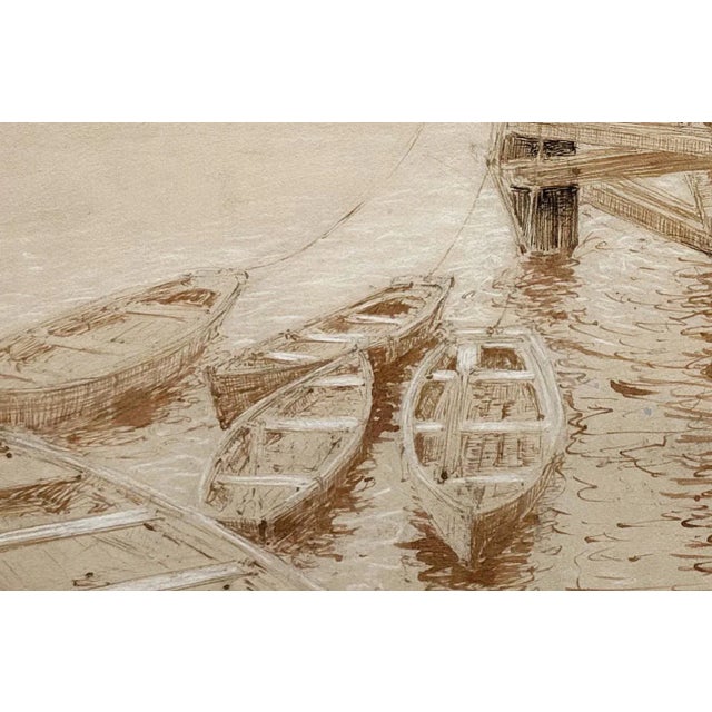 French Early 1900's Antique French Mixed Media Drawing on Paper of Dock With Mat, by French Artist Edouard Pannetier For Sale - Image 3 of 4