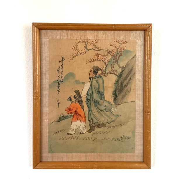 Wood Vintage Chinese Scholar & Attendant Painting on Silk, Bamboo Frame For Sale - Image 7 of 9
