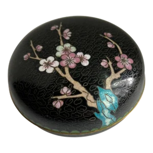 Round Black Enamel Cloisonné Box With Cherry Blossoms