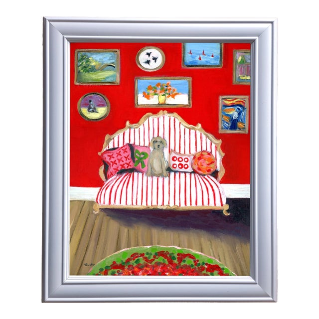 Hockney Inspired Pup on Red Striped Sofa Interior Room Portrait Oil Painting by Alexandra Swistak For Sale