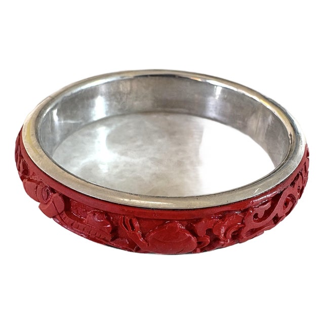 Antique, Cinnabar and Sterling Silver Bangle Bracelet For Sale