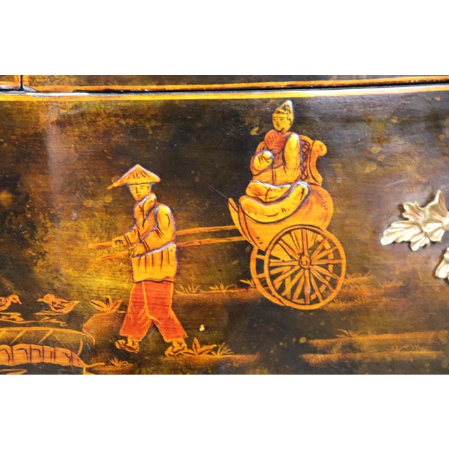 Pair of Maitland Smith Black Chinoiserie Paint Decorated Large Commodes For Sale - Image 9 of 11