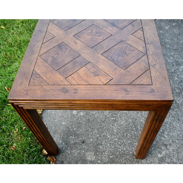 1970s Henredon Oak Square Table Parquet Top Reeded Parsons Legs Mid Century End For Sale - Image 5 of 14