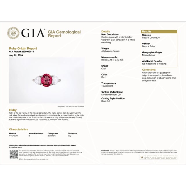 Late 20th Century Gia 4.47Cts No-Heat Mozambique Ruby & D Vvs2 Heart Diamond Platinum Three Stone Ring, Size 6 For Sale - Image 18 of 18