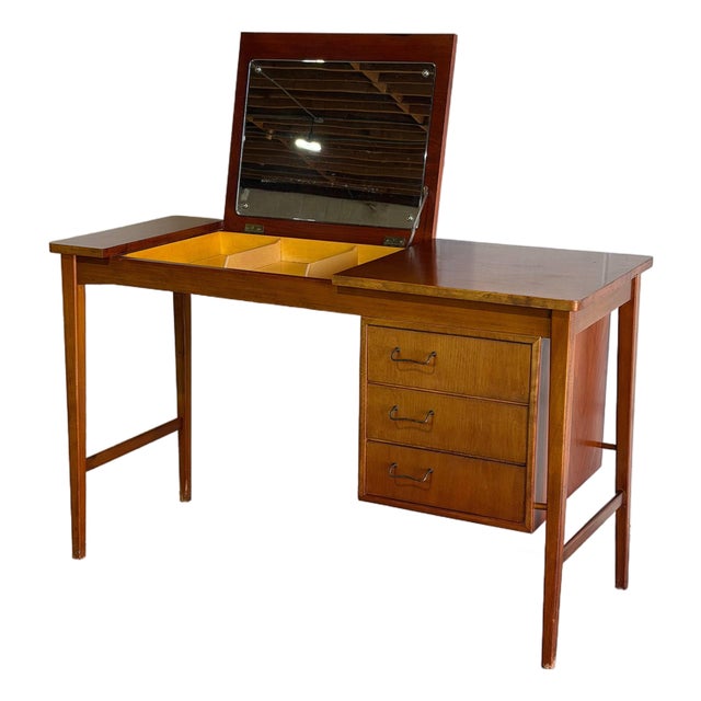 Vintage Teak Vanity With 3 Drawers Flip-Up Mirror and Storage Denmark 1960s For Sale