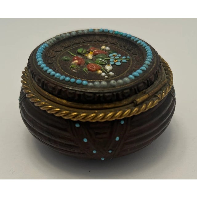 Wood Viennese Inlaid Round Trinket Box For Sale - Image 7 of 11
