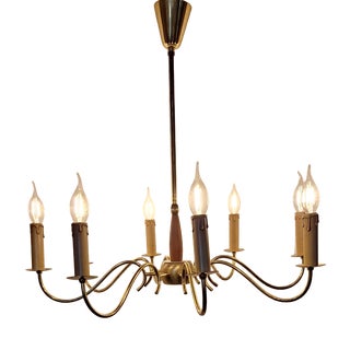 Vintage Mid-Century 8-Light Chandelier with Brass Frame and Teak Wood, 1960s For Sale