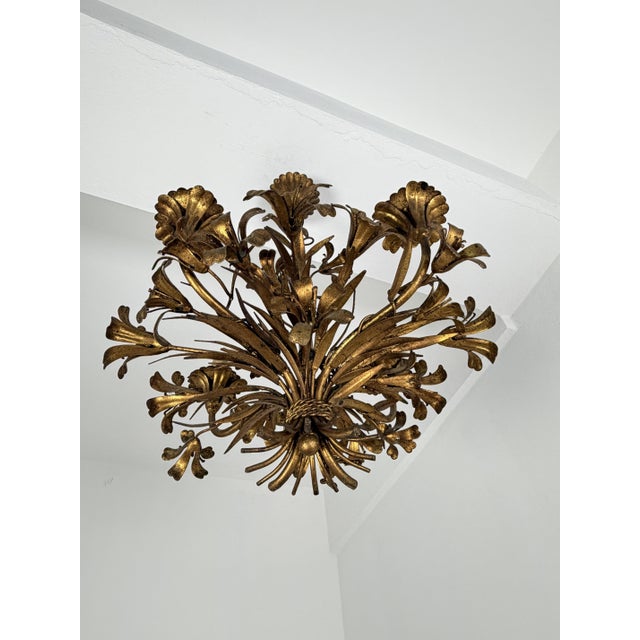 1950s Four-Light Chandelier in Gold-Colored Wrought Iron, Italy, 1950 For Sale - Image 5 of 9