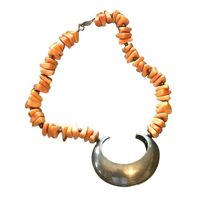 1970s Vintage Alexis Kirk Coral Orange Pewter Crescent Pendant Necklace For Sale