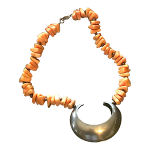1970s Vintage Alexis Kirk Coral Orange Pewter Crescent Pendant Necklace