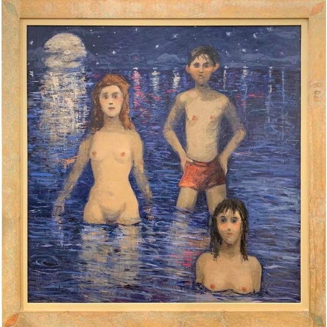 A full moon over a bay, figures at the water's edge, the whole scene held in the particular silver-blue light that makes...