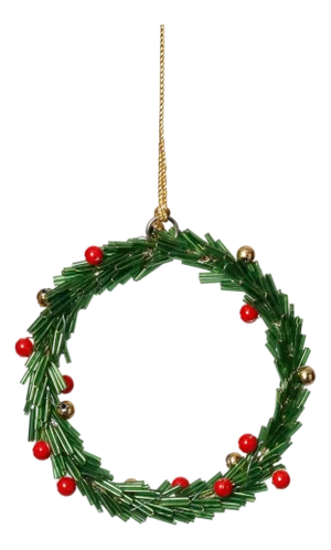 Festive Beaded Ornaments with Red Berries, Set of 12, Green Round, 4"