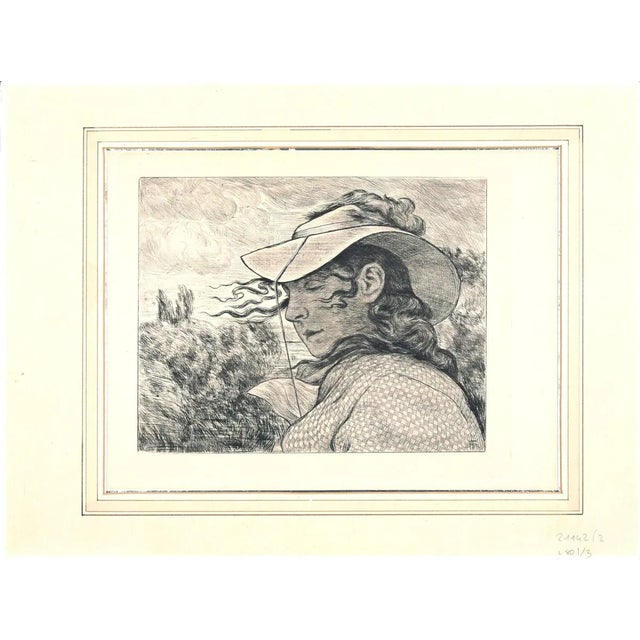 Bildnis mit florentiner Hut. - Original Etching by Hans Thoma - 1900 1900 For Sale