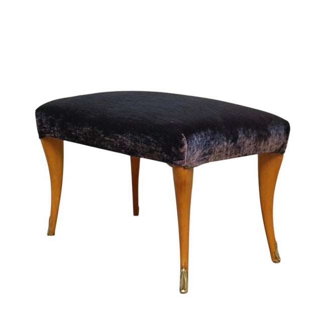 Purple Velvet Stool with Shaped Legs and Brass End Caps, Italy, 1950s For Sale - Image 8 of 8