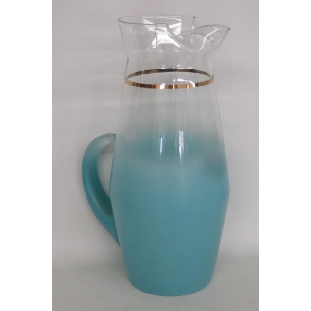 West Virginia Glass Company Turquoise Blendo Pitcher With Gold Accent 4911b For Sale - Image 10 of 17