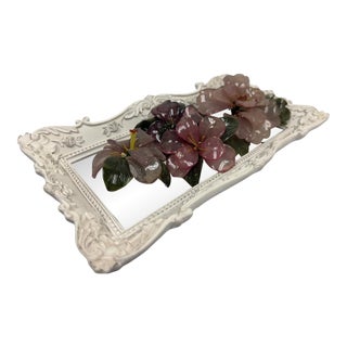 Shabby Chic Rococo Mirrored Dresser Platter & Rose Quartz Glass Flower Decor For Sale