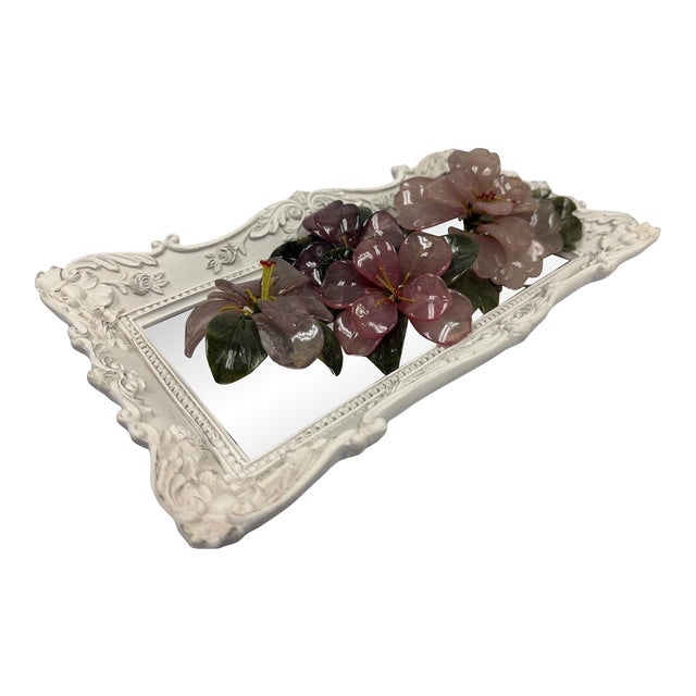 Shabby Chic Rococo Mirrored Dresser Platter & Rose Quartz Glass Flower Decor For Sale