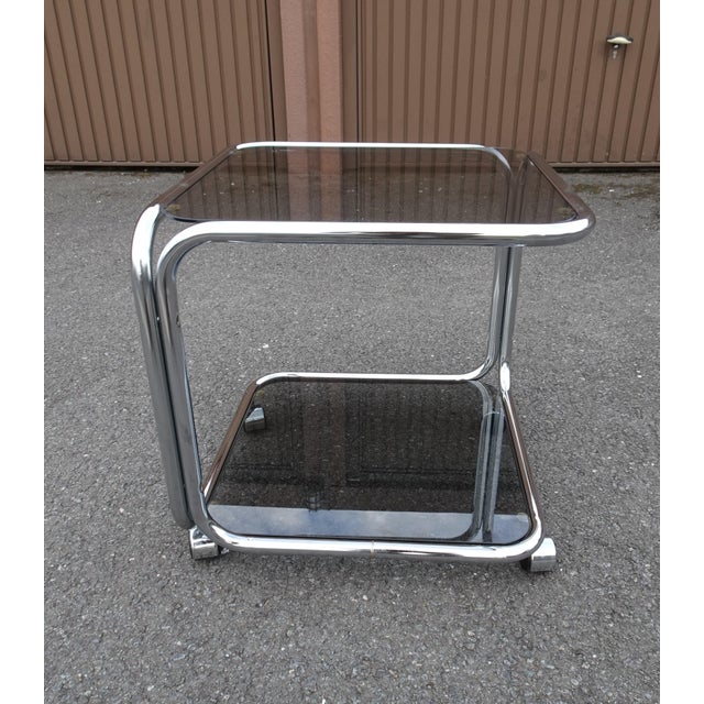 Vintage Italian Chrome and Smoked Glass Rolling Side Table, 1970s For Sale - Image 6 of 15