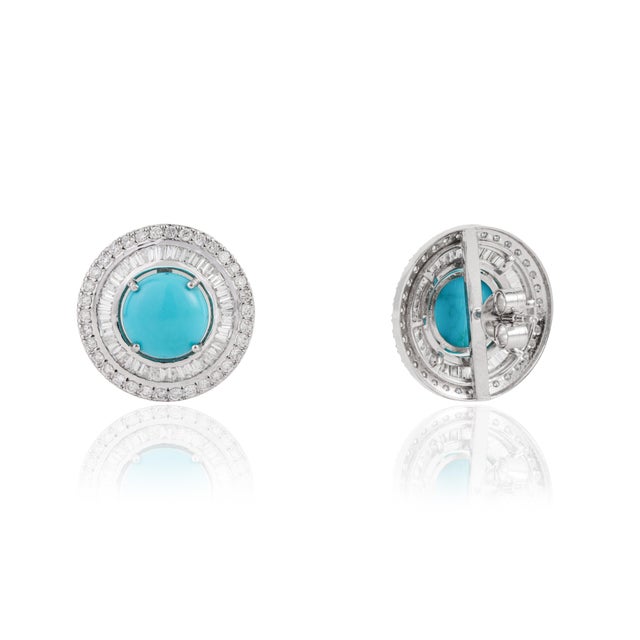 Metal 14k Gold 3.14ct Turquoise Cabochon & Diamond Double Halo Stud Earrings- A Pair For Sale - Image 7 of 15