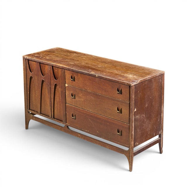 Broyhill Brasilia Mid Century Walnut and Brass Offset Credenza and Hutch For Sale - Image 11 of 13