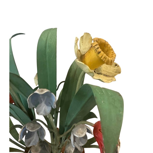 Vintage Italian Tole Peinte Barrel Potted Floral Arrangement Sculpture / Toleware Floral With Daffodils & Bluebells, Made in Italy, a Pair For Sale - Image 4 of 6