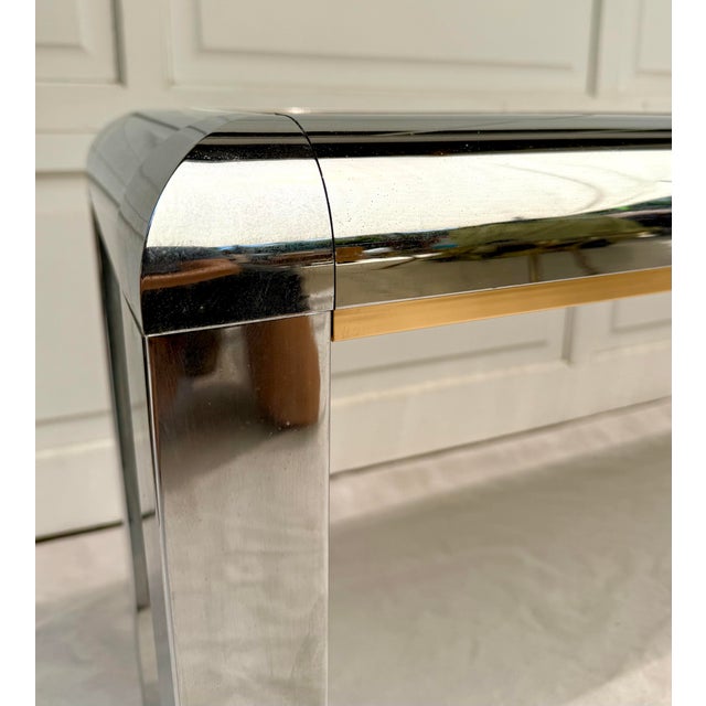 1970's Chrome and Brass Console With Mirrored Top Attributed to Paul Evans For Sale - Image 9 of 12