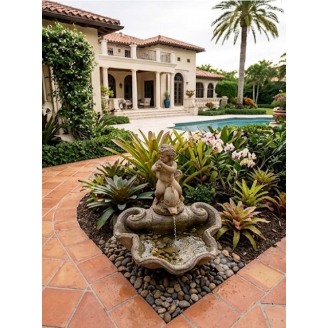 Vintage Classical Cast Stone Cherub on Dolphin Garden Fountain For Sale - Image 9 of 12