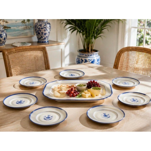 Vintage Neoclassical Cobalt Blue & White Porcelain Serving Set - Platter & 8 Dessert Plates - 9 Pieces For Sale - Image 11 of 12