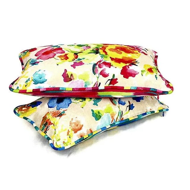 Vintage Pierre Frey Style Watercolor French Floral Reversible Lumbar Pillow With Piping For Sale - Image 11 of 13
