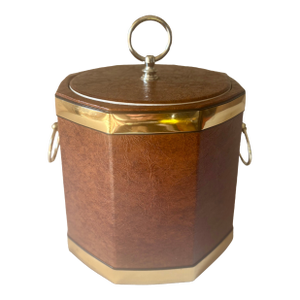 1970's Georges Briard Style Hollywood Regency Faux Burlwood Leatherette Ice Bucket With Gold Fittings