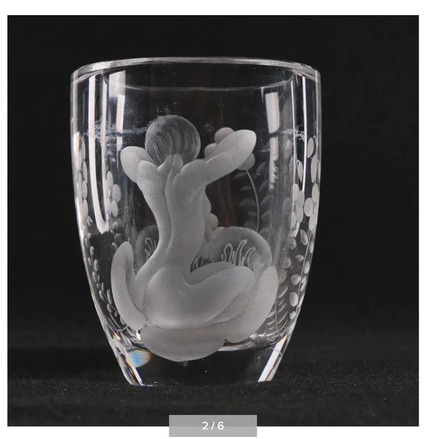 1920s Circa 1920 Signed Lars Kjellander Swedish Nude Lady With Flowers Engraved Glass Vase For Sale - Image 5 of 6