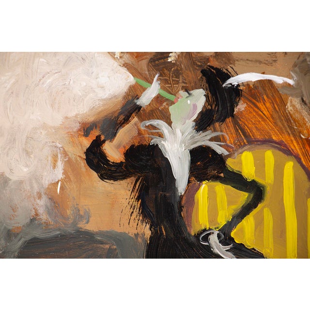 Figurative Smoking Lady by Nadezda | Oil on panel Woman in black dress smoking with a cat nearby. For Sale - Image 3 of 5