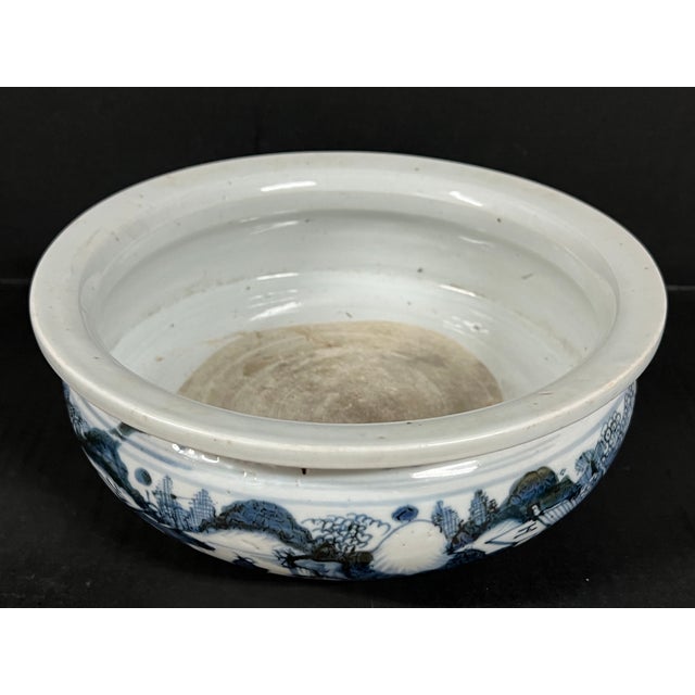 Blue Late 20th Century Chinese Art Porcelain Blue and White Incense Burner With Mountain Scenery Design For Sale - Image 8 of 14
